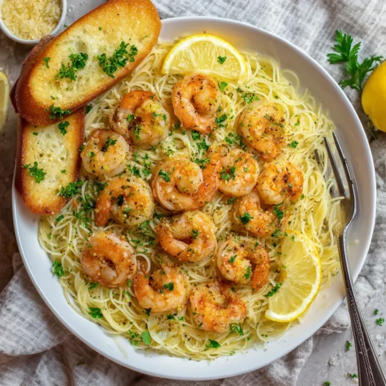 Shrimp scampi over Angel hair pasta