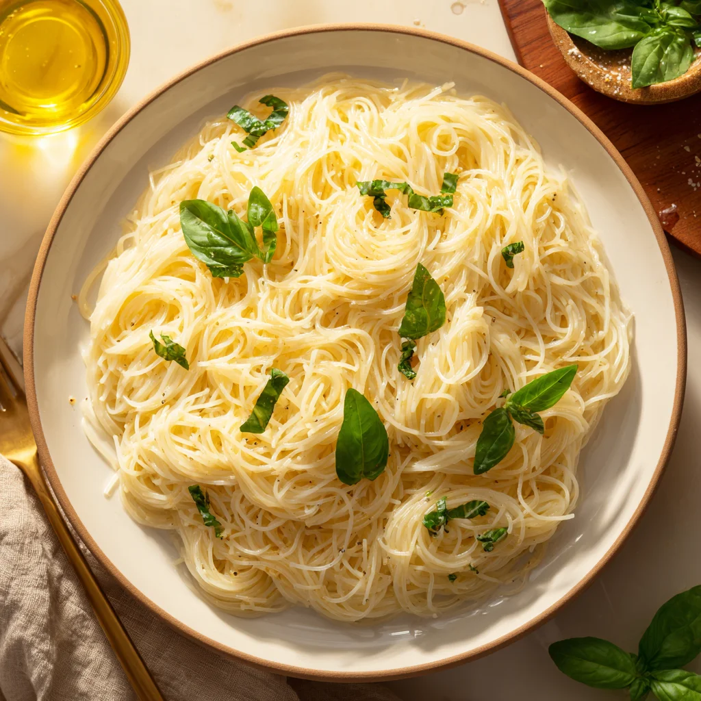 Angel Hair Pasta with garlic, Parmesan, and fresh basil