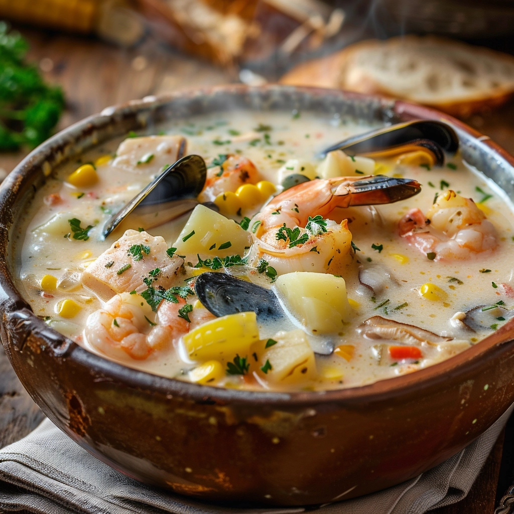 Seafood chowder recipe with creamy broth, tender shrimp, clams, fish, potatoes, and corn. Rich, hearty comfort soup perfect for cozy dinners and seafood lovers.