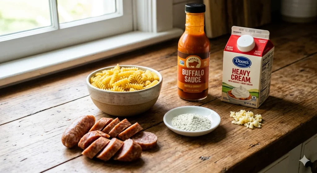 One Pan Creamy Tangy Ranch Buffalo Sausage Pasta