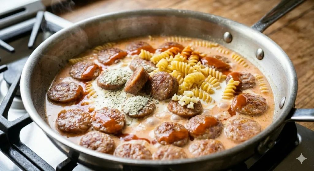 One Pan Creamy Tangy Ranch Buffalo Sausage Pasta