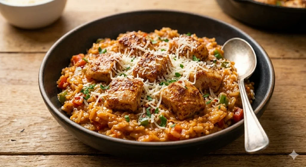 Spicy Creamy Cajun Parmesan Chicken Rice Skillet