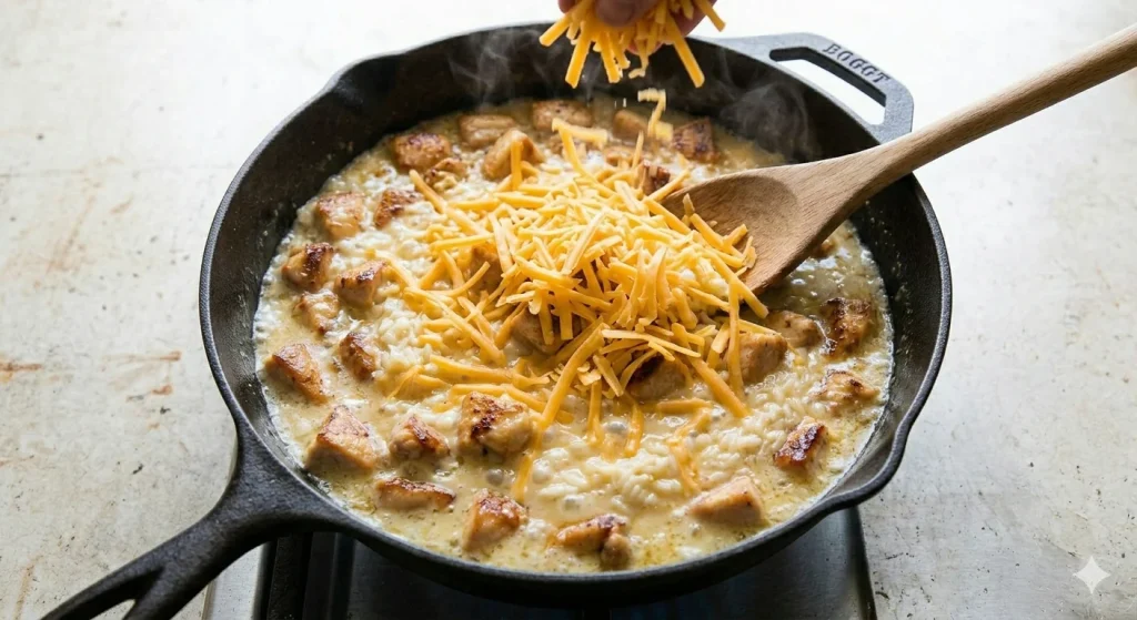 Sticky Honey Ranch Cheddar Chicken Rice Skillet