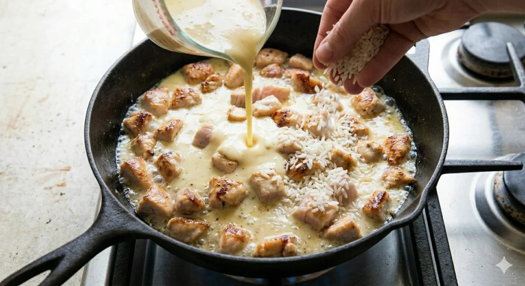 Sticky Honey Ranch Cheddar Chicken Rice Skillet