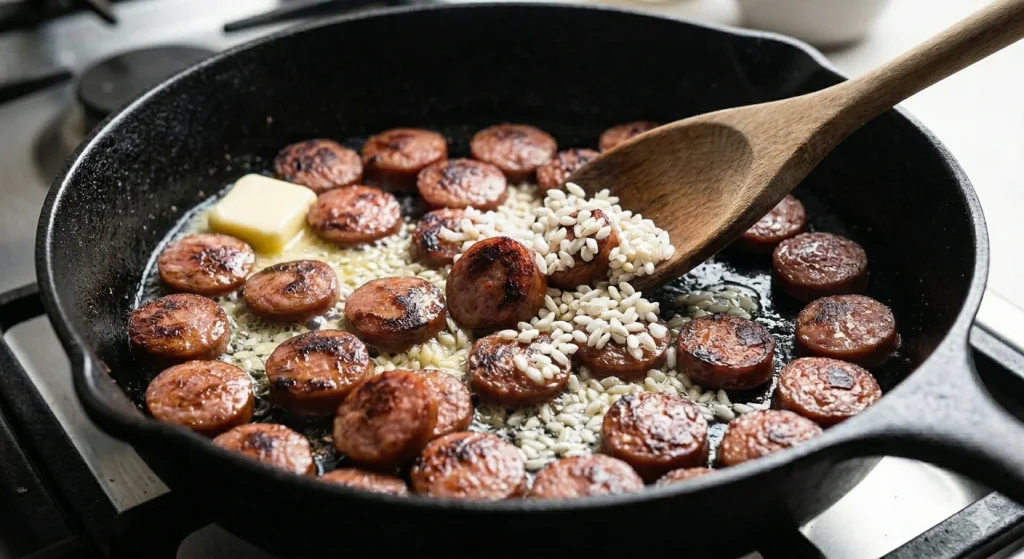 Sticky Smoky Garlic Butter Parmesan Sausage Rice