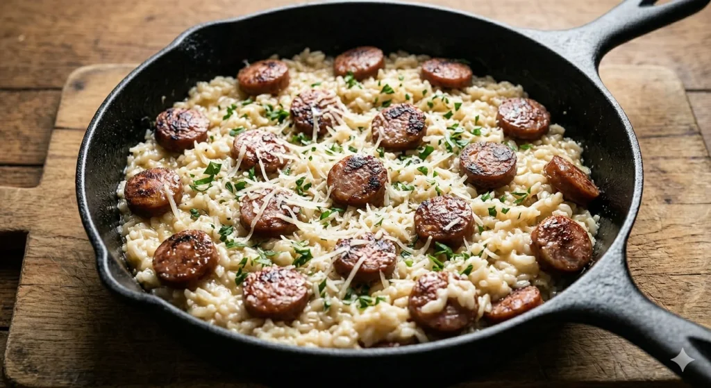 Sticky Smoky Garlic Butter Parmesan Sausage Rice