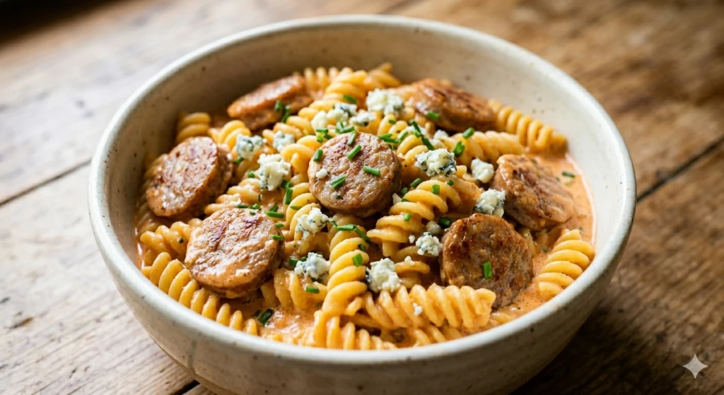 One Pan Creamy Tangy Ranch Buffalo Sausage Pasta